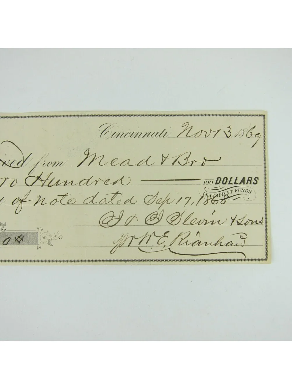 1869 Promissory Note & Revenue Stamp J. & J. Slevin & Sons Cincinnati OH Antique
